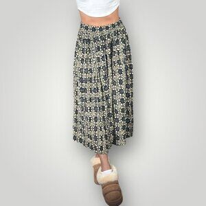 Vintage A.K.F Rayon Geometric Print High Waist Midi Skirt Boho Retro Indie USA M